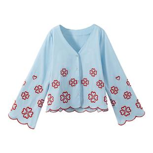 【幸运四叶草】1OO%高支精梳棉 重工定位刺绣V领喇叭袖衬衫女