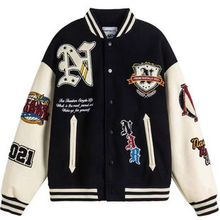 国潮牌复古字母刺绣棒球服外套男女秋冬宽松休闲情侣拼接夹克上衣