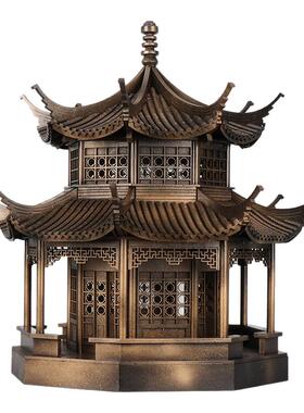 中式禅意古铜色建筑八角亭子工艺品木质样板间摆件博古架售楼部