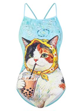 可爱猫咪印花女竞速三角连体泳衣