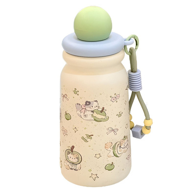 苹果小猫保温杯女生高颜值2025新款学生上学专用吸管杯大容量水杯