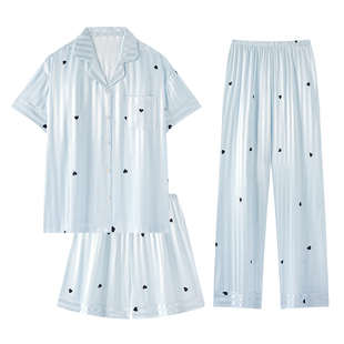 冰丝睡衣女款夏季薄款蓝色短袖三件套装高级感女士大码家居服凉感