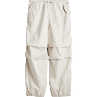 HM女装休闲裤冬季中腰柔软通勤宽松抽绳简约降落伞长裤1214225