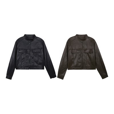 时尚PU皮衣短款夹克高腰A字短裙