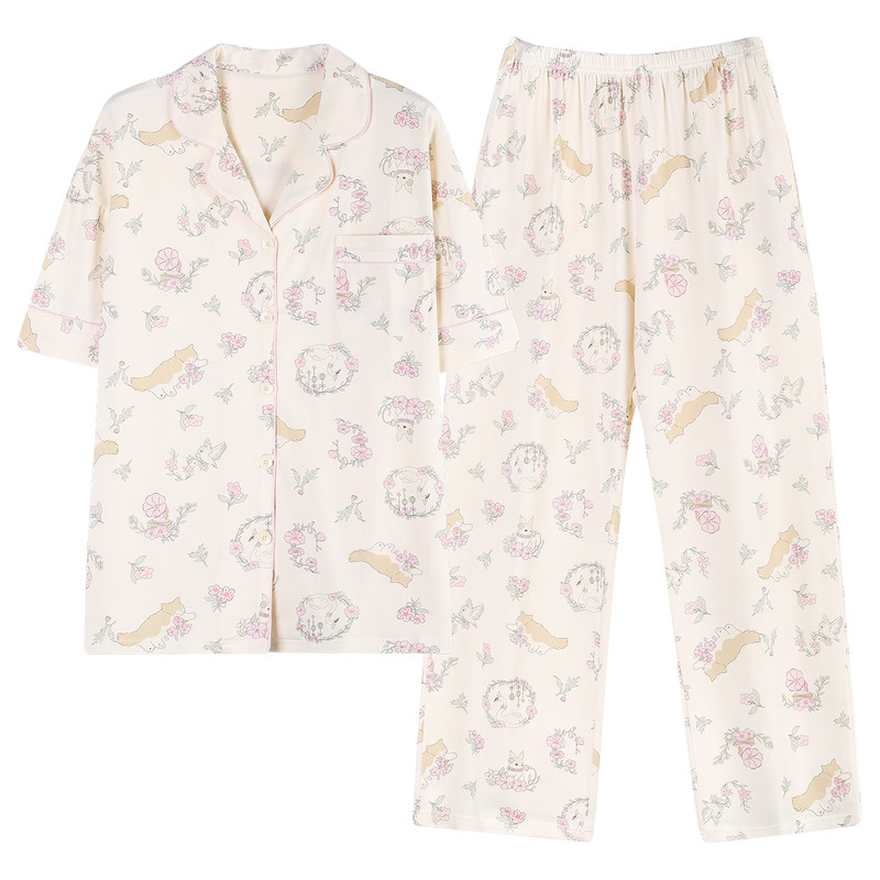 睡衣女款夏季纯棉宽松新款短袖长裤春夏翻领可外穿青年家居服套装