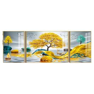客厅三联装饰画轻奢现代简约挂画沙发背景墙壁画大气金福鱼鹿挂画