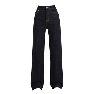 2025新款弹力丹宁蓝深蓝窄版阔腿牛仔裤女小个子显瘦垂感直筒裤子