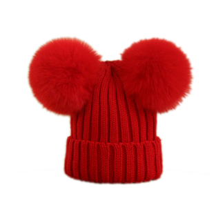 欧美秋冬双毛球帽儿童真皮草狐狸毛球帽子女保暖加厚针织帽毛线帽