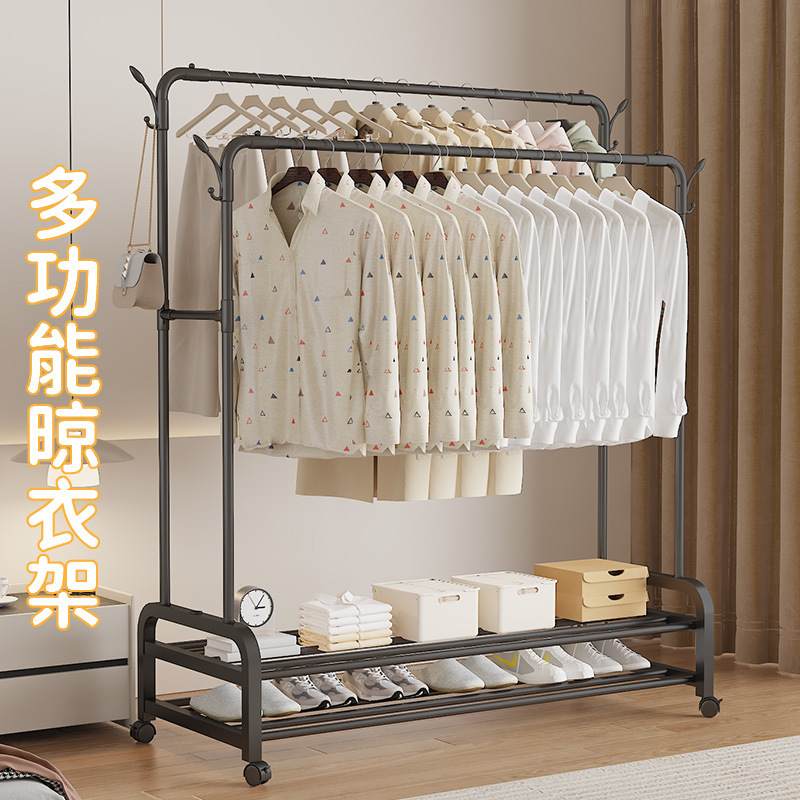 新款跨境双杆带轮简易阳台落地嗮卧室晾衣架挂衣架衣架款衣帽架
