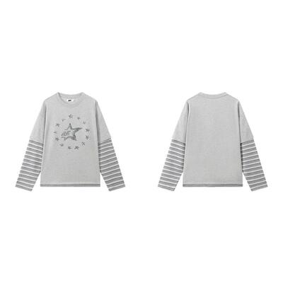 8FF26春新款复古假两件长袖涂鸦上衣撞色条纹休闲7A抗菌速干t恤