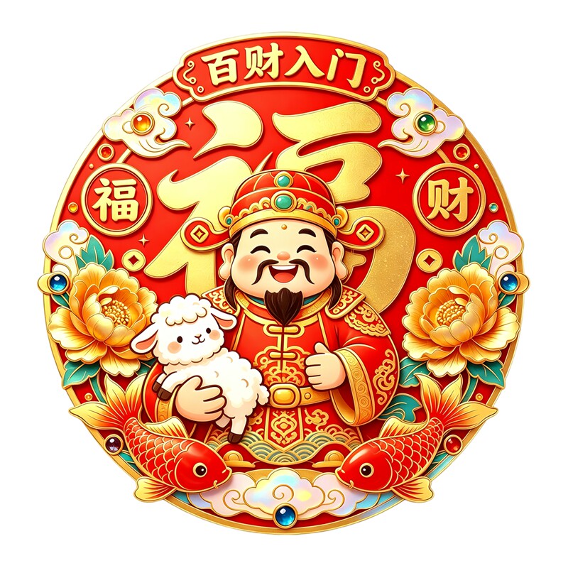 圆形百财入门财神墙贴小羊锦鲤牡丹国潮新年福气防水自粘装饰贴纸