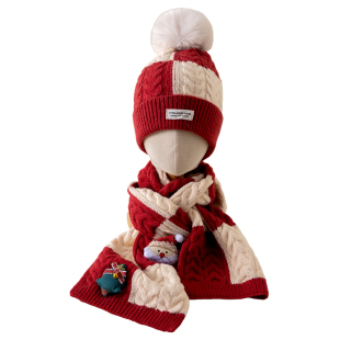 新年圣诞儿童帽子秋冬季女童毛线帽套装男童针织帽围巾宝宝保暖帽