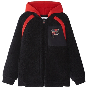 FILA斐乐儿童棉服2026年春新款男童仿羊羔绒连帽外套新年款拜年服