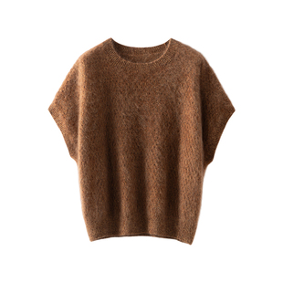 秋冬新款拉绒100%山羊绒马甲女圆领落肩针织短袖毛衣打底宽松坎肩