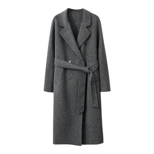 Amii2023冬新款翻驳领连袖羊毛兔毛双面呢女双排扣长款大衣外套