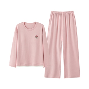 三枪春夏情侣假两件式可外穿纯棉睡衣男士卡通长袖超柔软家居服女