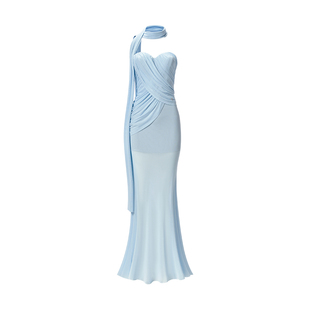 Sheer Luck Kira网纱飘带修身褶皱设计不对称鱼尾长裙连衣裙