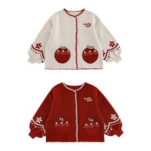 幼悠女童2026春装撞色绣花毛衣开衫春秋针织可爱儿童宽松秋装外套