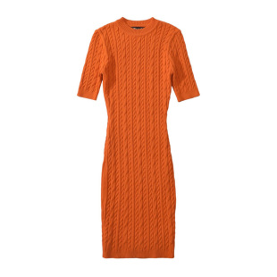 欧美风秋冬新品短袖圆领女针织连衣裙中长款包臀提花麻花毛线裙子