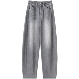 高级感灰色加绒阔腿牛仔裤女秋冬新款高腰宽松弯刀裤子加厚暖暖裤