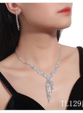 新娘首饰品 韩版超闪水钻项链耳环套装满钻项链礼服配饰