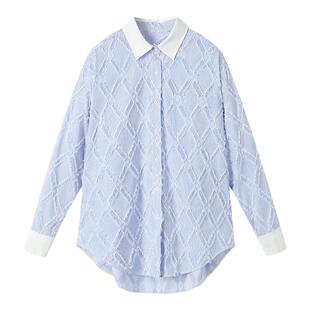 URLAZH有兰新款通勤纯棉学院风随性简约百搭宽松蓝白竖条纹衬衫女