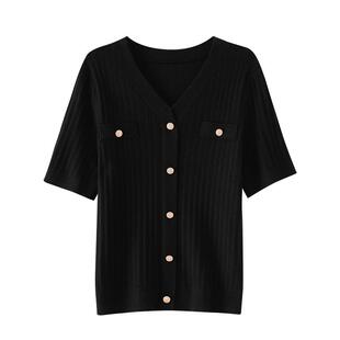 OSA欧莎黑色V领针织衫女2026年夏季新款通勤修身显瘦短款t恤上衣
