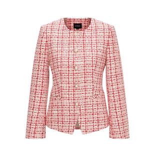 Scofield女装优雅小香风红色圆领粗花呢短外套收腰