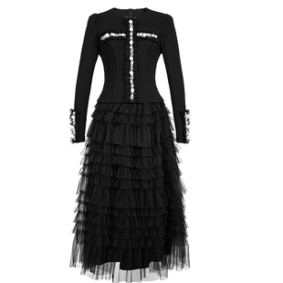 赫本风气质修身显瘦黑色宴会网纱连衣裙轻奢高级感针织长袖蛋糕裙