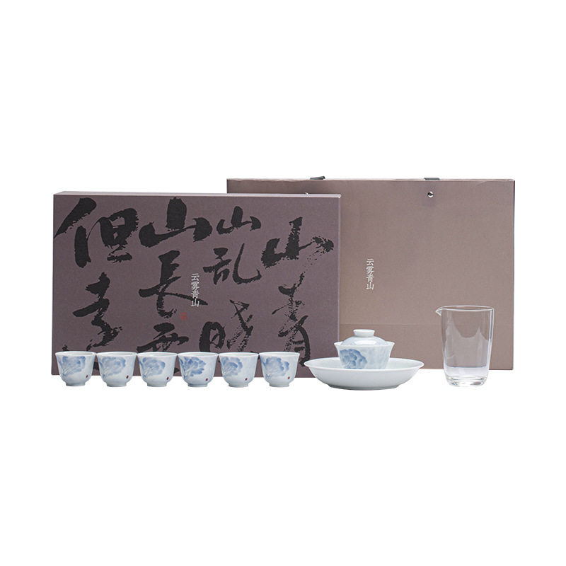 釉下彩手绘白菜盖碗茶具礼盒