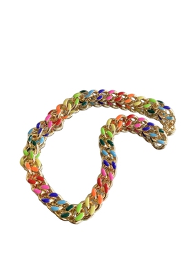 时尚自制黄铜镀金镀银韩风彩虹色彩色珐琅滴油古巴同款宽麻花项链