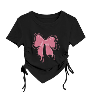 女童t恤纯棉不规则短袖抽绳褶皱女孩不对称上衣儿童修身舞蹈衫