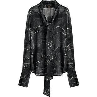 COCOBELLA艺术印花飘带雪纺衬衫女26春仿真丝通勤长袖衬衣SR0056