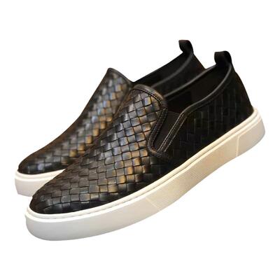 真皮编织板鞋男一脚蹬套脚休闲鞋