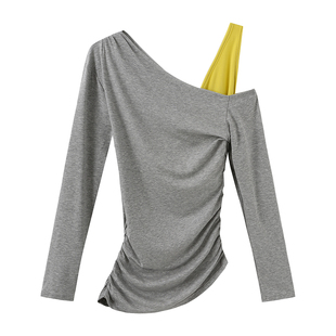 SHALL NOT UNTRUE 假两件天丝斜肩上衣女撞色露肩长袖打底衫T恤