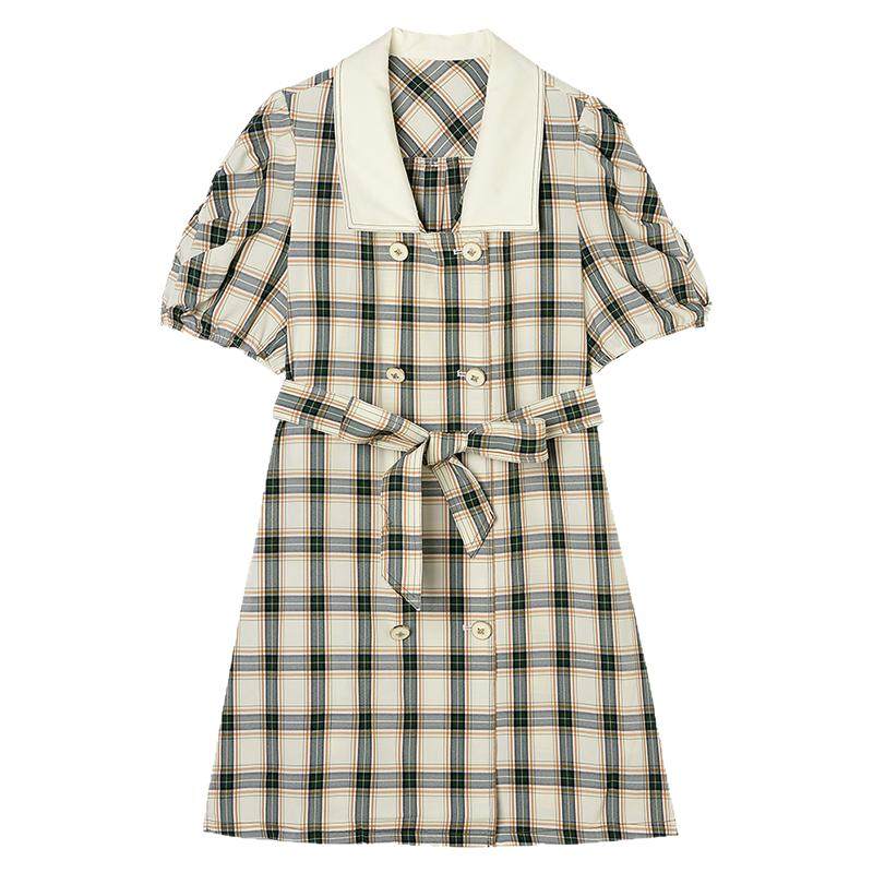 Outlets专柜撤柜正品 LM夏装2025新款拼色格纹短裙时尚翻领连衣裙