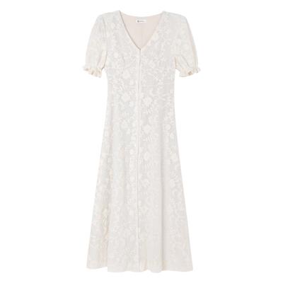 泡泡袖单排扣蕾丝开衩连衣裙