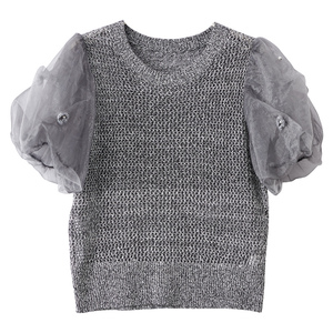香影网纱泡泡袖镂空针织衫女2024秋新款灰色拼接短袖气质法式上衣