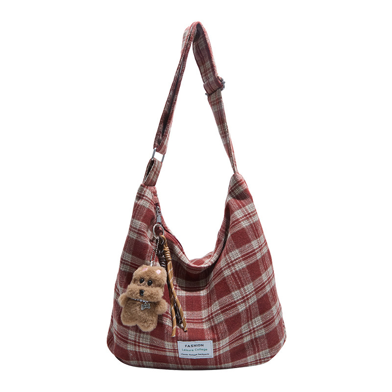 毛呢格子斜挎包包女2025新款时尚休闲托特包大容量学生通勤单肩包