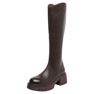 星期六小个子高跟鞋女秋冬长筒加绒保暖马丁靴复古风棕色骑士靴直