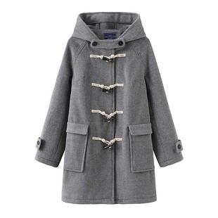 日系jk冬装学院风大衣女冬连帽jk加厚小个子毛呢外套牛角扣大衣