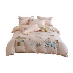 韩版治愈系萌趣卡通贴布绣四件套小狗乐园粉色全棉纯棉床笠三件套