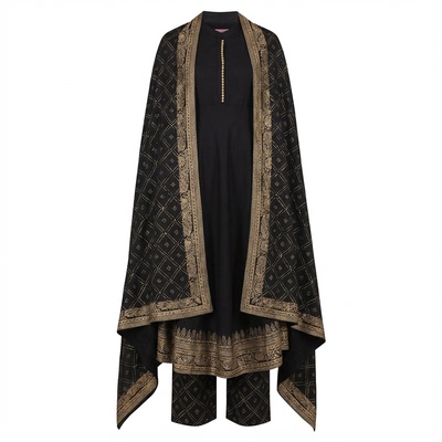 印度服装异域风进口印花棉绸春夏款立领气质日常七分袖黑色三件套