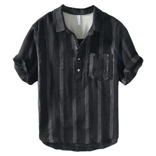 纯亚麻条纹衬衫男短袖polo衫夏季高级感棉麻上衣宽松套头衬衣半袖