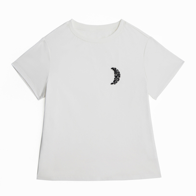 Avocadong 原创款黑色月亮钉珠宽松长绒棉短袖白色T恤女休闲上衣