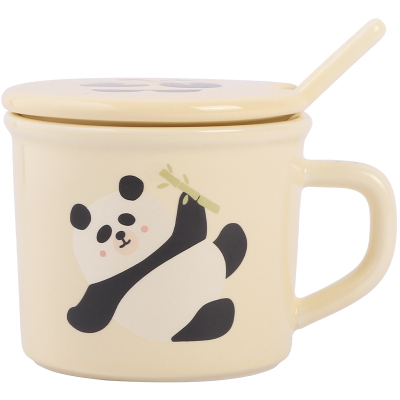 蓝莲花熊猫带盖带勺子陶瓷杯子