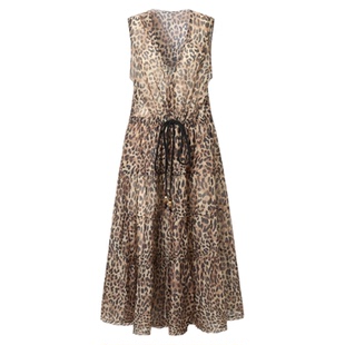 LEDIM WANG【白标系列】豹纹欧根纱长款马甲2025新款女夏休闲上衣