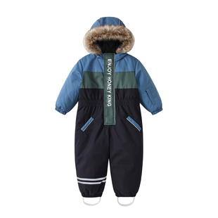 honeyking儿童滑雪服防寒保暖男童宝宝爬服户外防水连体服罩衣