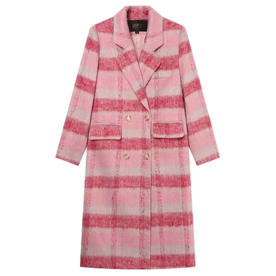 白鹿语长款复古粉色格纹毛呢大衣