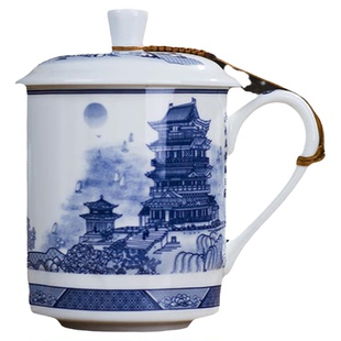 青花瓷大茶杯带盖大容量陶瓷水杯办公室茶杯景德镇青花瓷高档礼盒